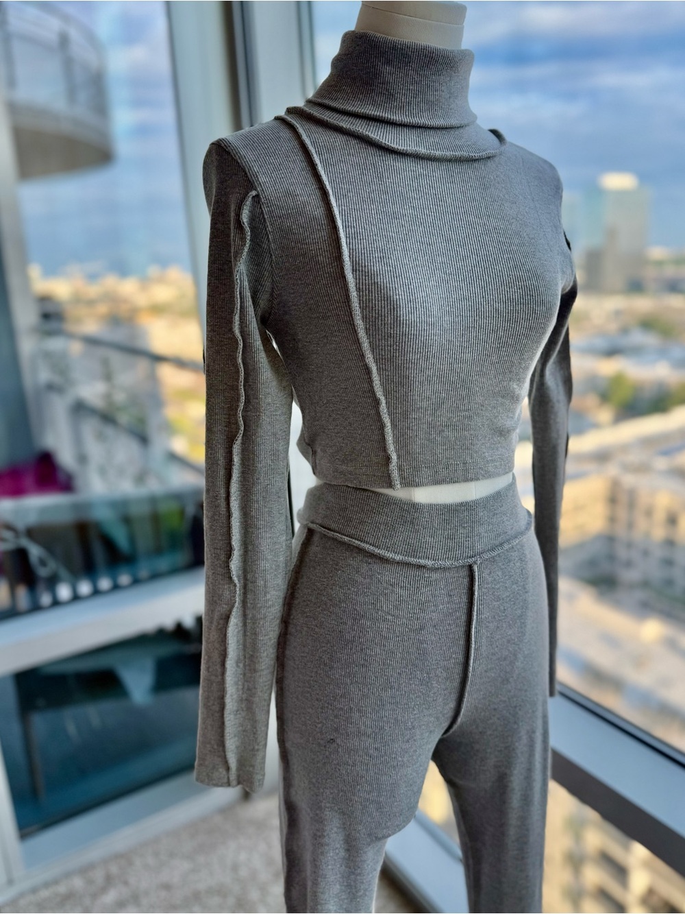PrettyLittleThing Grey Ribbed Raw Seam Two Piece Set Top US 2 Pants US 4